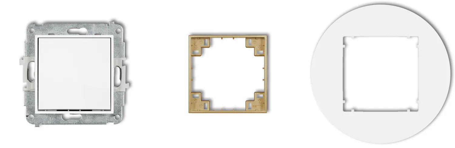 Exploded view of a MINI switch: mechanism, intermediate frame and universal frame